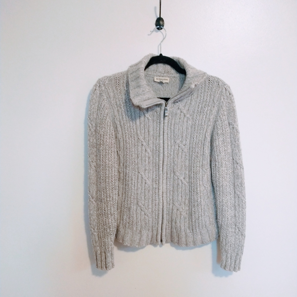 St John's Bay grey cable knit sweater cardigan with cowl neck and front zipper s